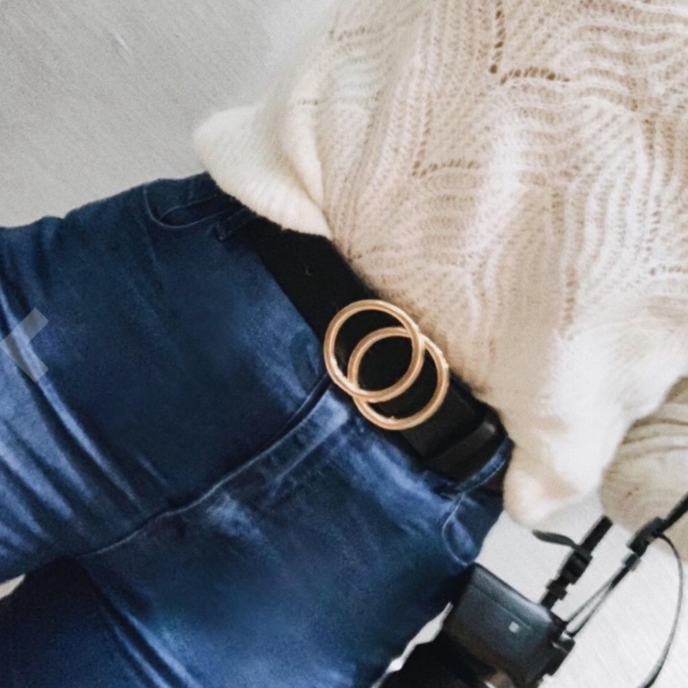 Gold buckle Double round ring leather belt